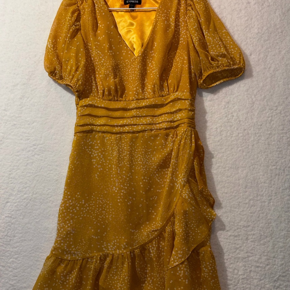 Express Mustard Yellow Puff Sleeve Midi Dress with Ruffle Wrap Detail